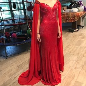 Hand beaded evening gown with chiffon cape